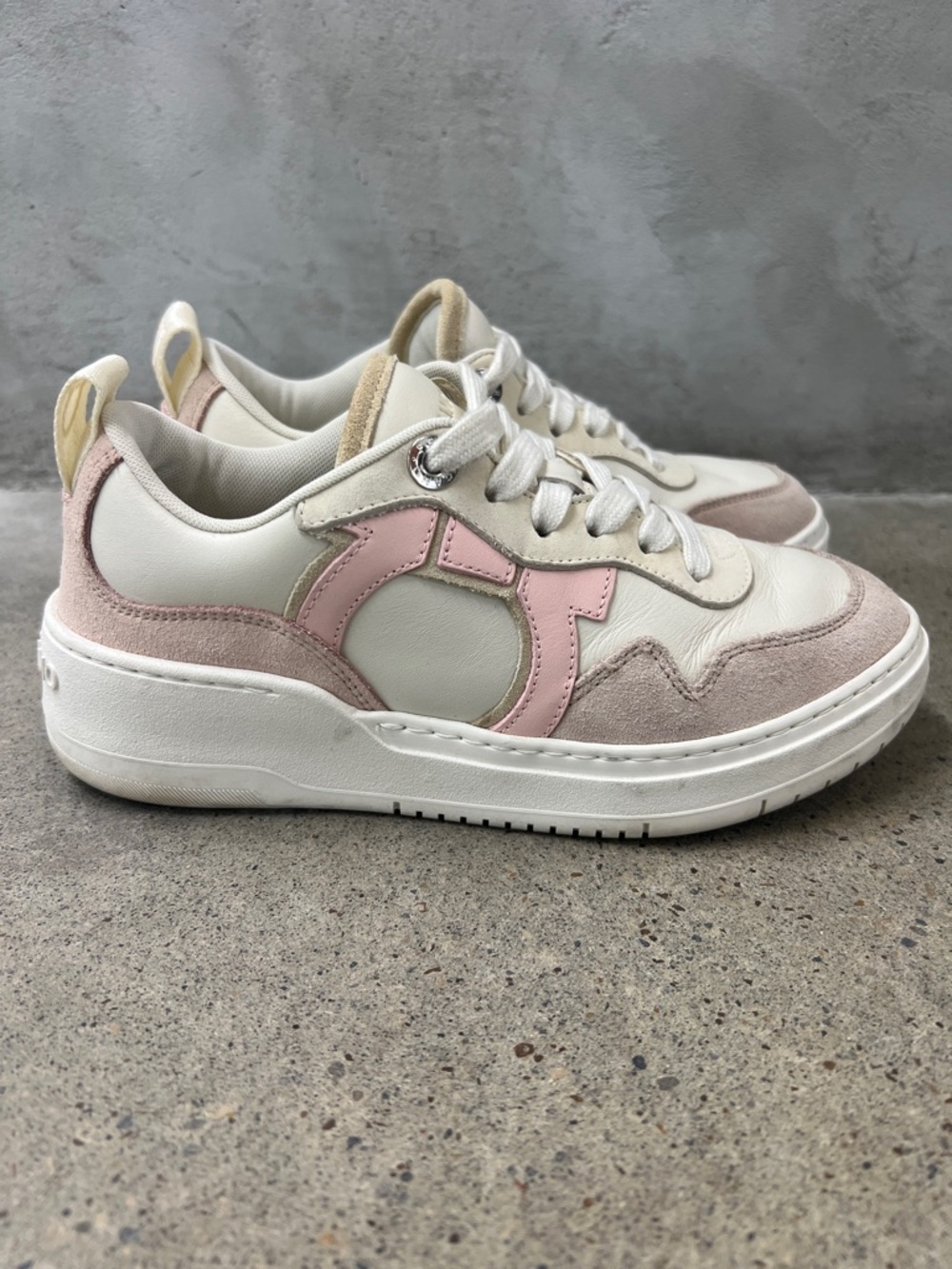Salvatore Ferragamo White Leather & Blush Pink Suede Low-Top Sneakers